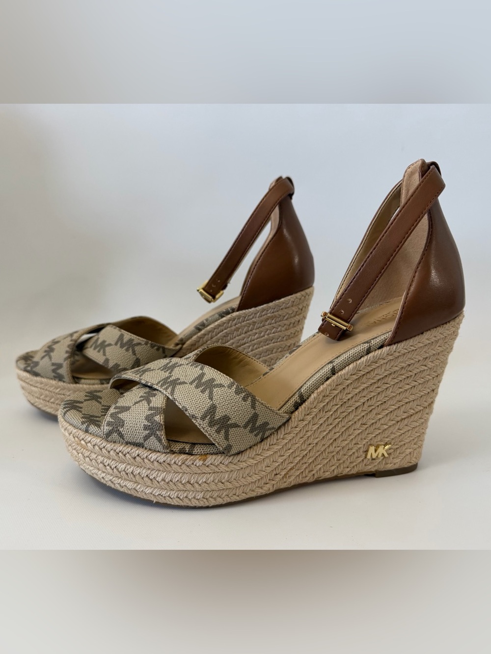 Michael Kors MK Logo Espadrille Wedge Sandals Women’s Size 7.5M Ankle Strap
